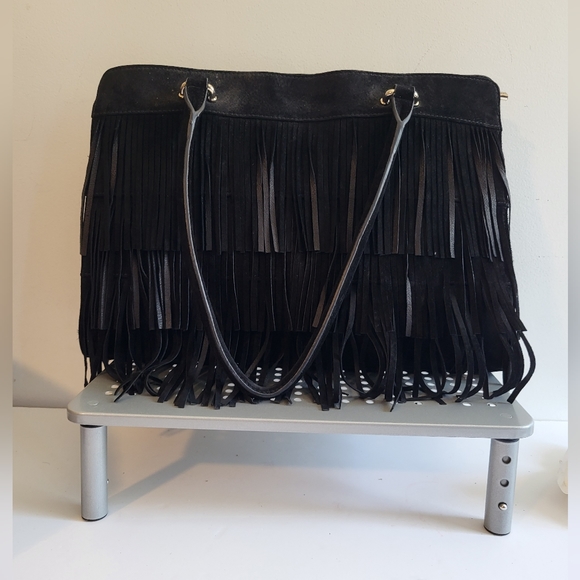 BLACK LEATHER/SUEDE DANIER FRINGE BAG - Picture 2 of 7